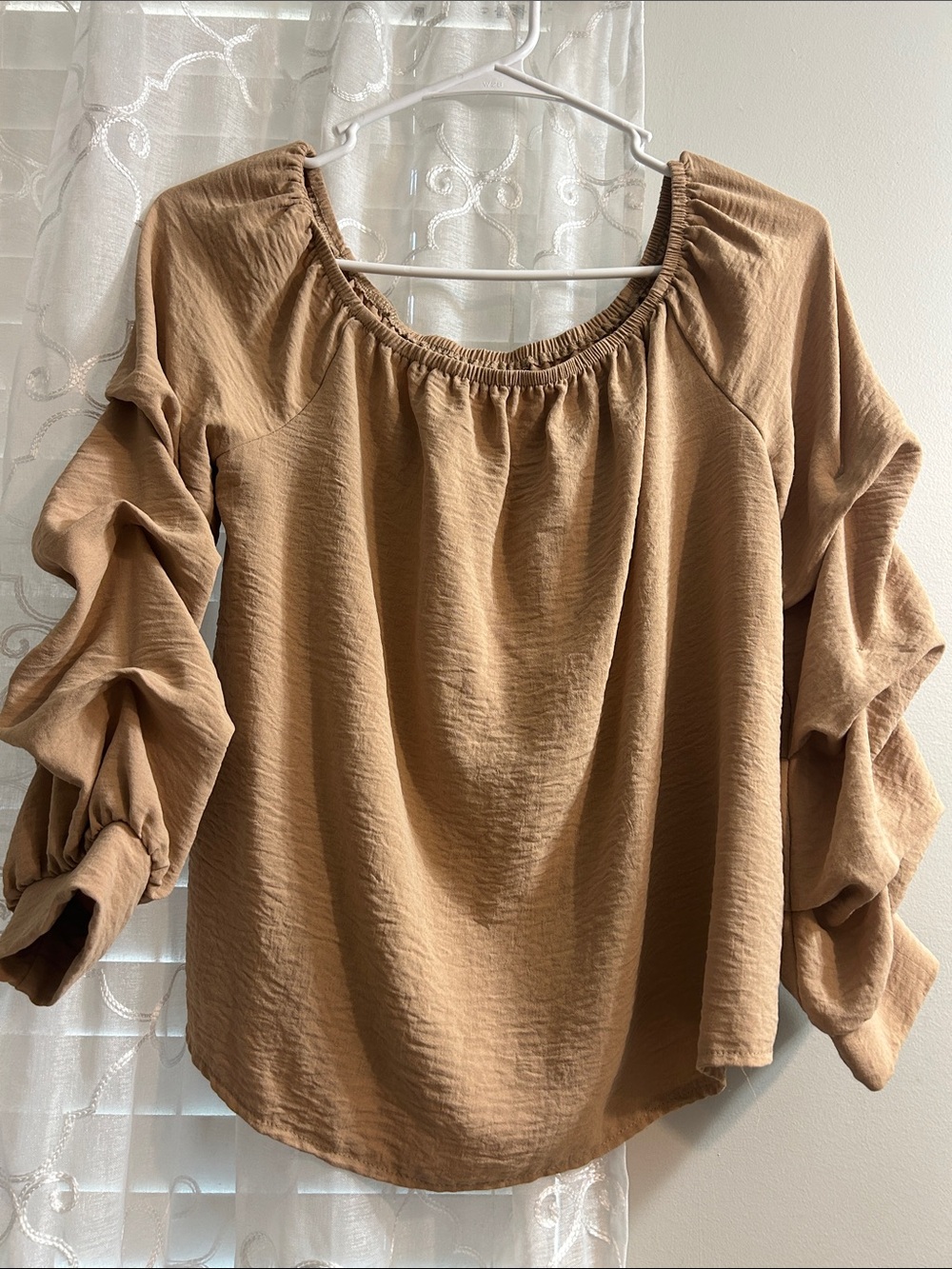 Ruched Sleeve Off-Shoulder Top - Tan
